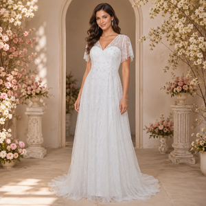 Women's Luxury White Embellished Evening Gown V Neck <b>Sequin</b> Maxi Dress Formal Party Wedding Bridal Reception Dress Elegant Wear - Product Image 4