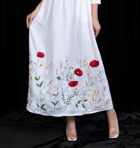 Hand-Embroidered White Linen Maxi Dress Square Neckline <b>Three</b>-Quarter Sleeves Artisanal Floral Crewel Work Gown - Product Image 1