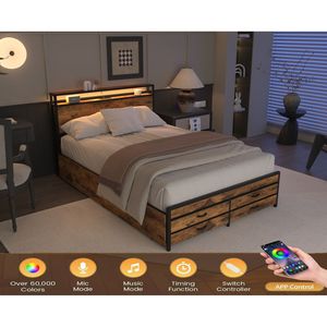 Queen Size Upholstered Metal Platform Bed Frame with LED Charging Station Headboard & 8 <b>Storage</b> <b>Drawers</b> No <b>Box</b> Spring Needed - Product Image 3