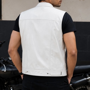 Gilet moto en peau de mouton blanc pour homme, col montant, respirant, couleur unie, veste en cuir, coupe classique avec poches, style printemps - Product Image 3