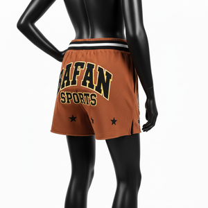 Shorts de baño para mujer, 230 GSM, suaves, de poliéster y algodón, color naranja óxido, cintura elástica, con logo bordado en chenilla. - Product Image 5