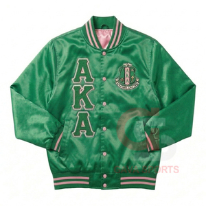 Blouson bomber en satin vert et rose pour femme, style grec, avec broderie AKA, coupe courte, coupe-vent - Product Image 1