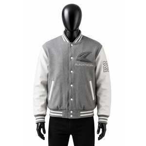 Chaqueta Varsity para Hombre, Cuerpo de Lana, Mangas de Cuero, Logotipo Bordado, Estilo Invernal, Cuello Acanalado - Product Image 1