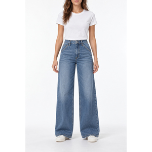 Jeans de Mezclilla de Cintura Alta y Pierna Ancha para Mujer, con Bolsillos Diagonales, Azul Medio, Estilo Hip Hop, Marca Privada OEM - Product Image 1