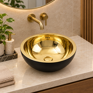 Lavabo de salle de bain rond à poser, noir mat et laiton doré, double ton, pour hôtels et villas - Product Image 2