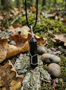 Collier en pierre d'obsidienne hexagonale pointue, double pendentif en tourmaline noire naturelle, enroulé de fil, pour la fabrication de bijoux (vente en gros) - Product Image 6