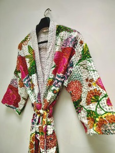 Women's Handmade Cotton <b>Kimono</b> Bathrobe V-neck Long Sleeve Midi Length Japan Style Floral Print Sexy <b>Beach</b> Wear - Product Image 5