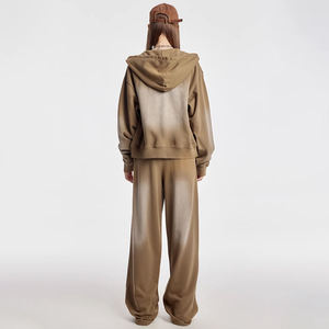 Custom Designer Ladies Embroidery <b>Zip</b> <b>up</b> Acid Wash <b>Crop</b> Sweatsuits Tracksuits Sets Flared Sweatpants and Hoodies Sets Women - Product Image 2
