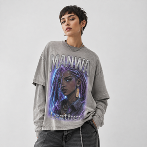 เสื้อยืดแขนยาวผ้ายีนส์โอเวอร์ไซส์ MANWA ลายพิมพ์ฟอยล์ สไตล์สตรีทแวร์ คอกลม สำหรับผู้ชาย ราคาประหยัด - Product Image 3