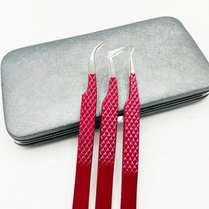 Pince à épiler professionnelle rouge neuve pour cils, marque privée, testée à la main, pointe lisse à 45 degrés pour volume russe, en acier inoxydable massif, ensemble - Product Image 2