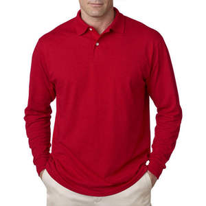 Polo de Manga Larga para Hombre, Color Rojo Sólido, Casual, Transpirable, Estilo Informal Elegante, de Algodón - Product Image 1
