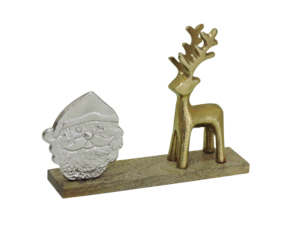 Figura Decorativa de Santa Claus y Reno Dorado en Aluminio Plateado sobre Base de Madera, Decoración Navideña Moderna y Duradera - Product Image 1