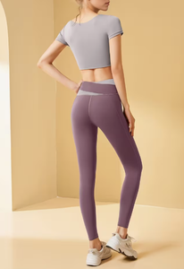 Women Sporty 2 Piece Set Knitted Crop <b>Top</b> Full Length Pants Color Blocking Breathable Spandex Cotton Pockets Regular Fit All - Product Image 3