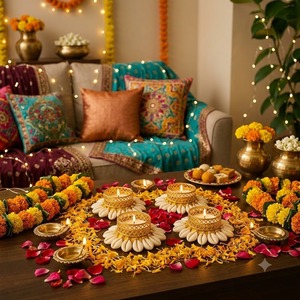 Ensembles de bougeoirs à bougies chauffe-plat en coquillages de cauris faits à la main, écologiques et durables, avec treillis métallique doré de luxe, pour Diya, Diwali et mariages indiens - Product Image 5