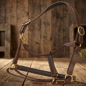 Licol en cuir pour cheval réglable à double boucle, noir, marron, beige, en cuir véritable avec quincaillerie en laiton - Product Image 1