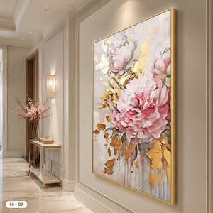 HALO Original – Impression sur toile florale moderne, peinte à la main, décoration murale avec fleurs et accents dorés, tableau encadré F6-C7 - Product Image 2