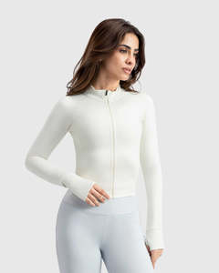 White Full Sleeve Stand Neck <b>Zipper</b> Front Crop <b>Top</b> High Waist Leggings Yoga Set Seamless Breathable Solid Color - Product Image 2