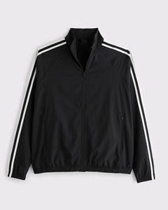 Men's Black <b>Jacket</b> Solid Color Zipper Closure Stand Collar Windproof Sporty Autumn Polyester Material Regular Fit - Product Image 1
