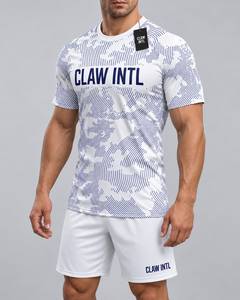 Maillot de football pour homme, blanc et bleu, impression par sublimation, col rond, manches courtes, polyester respirant, coupe ajustée - Product Image 3