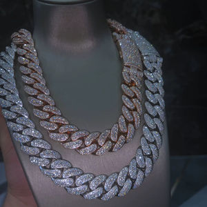 Cadena cubana de eslabones helados en plata y oro rosa con moissanita VVS certificada IGI, engaste de garras, tendencia, superventas, lujo hip hop brillante - Product Image 1