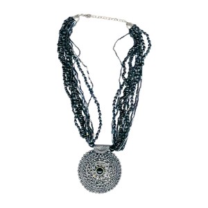 Ethnic Black Crystal <b>Beaded</b> <b>Necklace</b> with Oxidized Silver Round Pendant - Luxe <b>Beaded</b> <b>Necklace</b> with Intricate Silver Pendant - Product Image 1