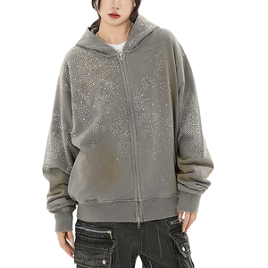 Blouson Streetwear Zippé à Capuche Unisexe Entièrement Orné de Cristaux Étoilés 2026 Noir Blanc Gris Coupe Oversize Boxy Scintillant HD - Product Image 6