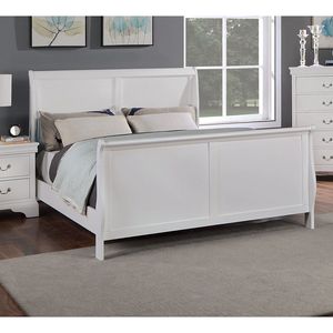 Letto matrimoniale moderno a slitta, colore bianco, include testiera e pediera, in compensato, struttura letto singola, mobili per camera da letto - Product Image 1