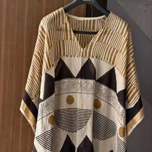 Kaftan indien fait main en coton pour femme, robe longue maxi à col en V, cache-maillot de plage à col montant, imprimé à la main, vêtement de nuit ethnique - Product Image 1