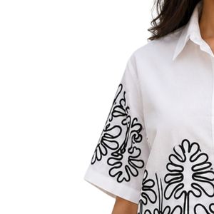 <b>White</b> Women Cropped Button Shirt Black Floral Embroidery Short Sleeve Casual Summer Blouse Cotton Fashion Designer Top Custom - Product Image 3
