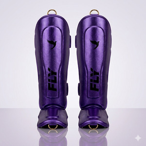 Protège-tibias Fly Purple en PU avec logo en relief, fermeture à boucle, légers, pour adultes, protection des jambes pour le sport - Product Image 1