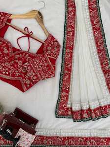 Sari de Seda Blanca con Bordado de Lentejuelas Rojas y Cordones, Blusa de Seda Banglori - Product Image 6