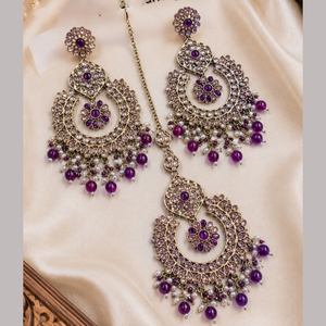 Pendientes colgantes JeweleMarket chapados en oro con cuentas de cristal y Maang Tikka para fiestas, compromisos y aniversarios - Estilo étnico - Product Image 2
