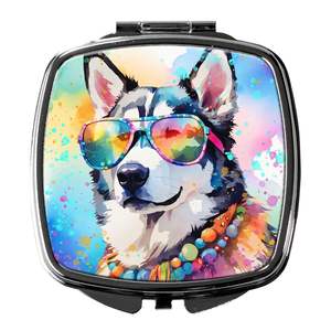 Husky sibérien Hippie Dawg miroir de maquillage de voyage décoratif compact miroir de poche pliant pour femmes et filles - Product Image 1