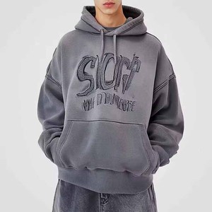 Sweat-shirt à capuche gris foncé délavé à l'acide de haute qualité, coupe lourde, épaules tombantes, imprimé athlétique, vente en gros, streetwear - Product Image 5