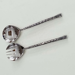 New Custom logo Design Stainless steel silver <b>spoon</b> <b>fork</b> <b>set</b> with Round half hammered design handle modern salad server <b>Set</b> - Product Image 3
