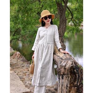 Vestido Maxi de Lino con Cuello en V Estilo Boho para Mujer, con Botones al Frente, Cintura Elástica, Corte Holgado, Manga Larga, Vestido Casual de Verano - Product Image 3