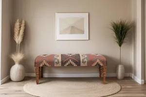 Handmade Eco-Friendly Kilim Jute Rug <b>Bench</b> Modern Ottoman Upholstered <b>Wooden</b> Seat Rustic Entryway Furniture Home Decor - Product Image 2