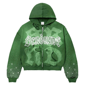 Custom Men's Rhinestone Graphic Tracksuit <b>Set</b> Zip Up Hoodie Distressed Jogger Pants Streetwear Vintage Washed Training Suit - Product Image 2