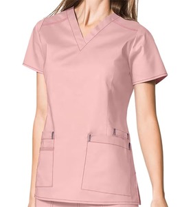 New Arrival Unisex <b>Scrub</b> Top Short Sleeve V-Neck Pockets Hospital Uniform Woven 94% Polyester 6% Spandex Needle Detection - Product Image 1