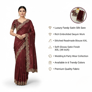 Sari en satin de soie de luxe Fandy en gros avec broderie de sequins |   Chemise Prête à Porter Cousue XXL 44 Pouces |   6 couleurs tendance - Product Image 5