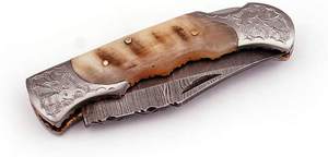 Couteau pliant de poche en acier Damas de nouvelle conception, manche en véritable corne de bélier, outils de survie en plein air, couteau pliant de camping - Product Image 3