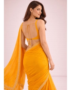 Sari KV para mujer, amarillo, de georgette, con borde adornado, listo para usar, con blusa sin coser - Product Image 3