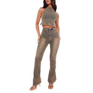 Débardeur d'été respirant décontracté en denim à carreaux teint en fil, style licou sans manches, dos nu, boutonné, pour femme - Product Image 3