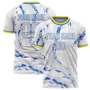 เสื้อวอลเลย์บอลชายสีขาวน้ำเงินแบบสั่งทำพิเศษ คอกลม แขนสั้น ผ้าโพลีเอสเตอร์ซับเหงื่อ ระบายอากาศได้ดี พร้อมสกรีนชื่อทีมและหมายเลข - Product Image 3
