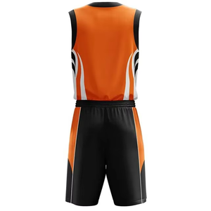 Ensemble de maillots et shorts de basket-ball personnalisés pour équipe, orange et noir, unisexe, avec bordure noire, sans manches, séchage rapide, respirant, 100% polyester - Product Image 3