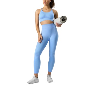 Women Plus Size Striped Washed Solid Activewear Sky Blue Seamless Ribbed Lace Belt Sports Yoga 2-Piece Set Mid Waist Workout - Product Image 1