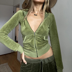Veste à capuche courte zippée en velours pour femme, pantalon long, style Y2K, sweat-shirt décontracté avec poches, tenue de détente automne-hiver - Product Image 1