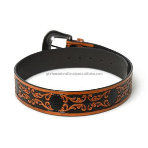Highest Quality Hand Carved Stylish Engraved <b>Tan</b> Genuine Western Leather Tooling <b>Belt</b> for Unisex with Antique Floral Buckle - Product Image 6