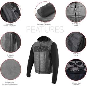 Chaleco 2 en 1 de Cuero MLM3563 para Hombre, Modelo 2025, con Calaveras Reflectantes, Negro, para Motociclismo y Automovilismo, con Capucha Desmontable - Product Image 6