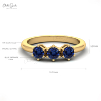 Bague en or massif 14 carats avec 3 saphirs bleus naturels, sertie de griffes, bijou délicat pour anniversaire ou soirée
